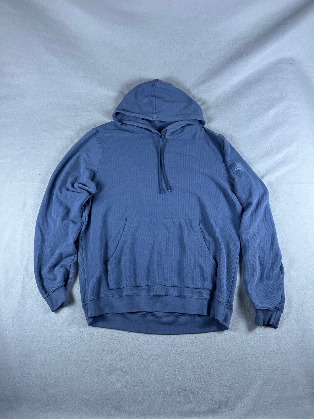 Alo Yoga Hoodie Men L Blue Drawstring Thermal Waffle Knit Athleisure Sweatshirt